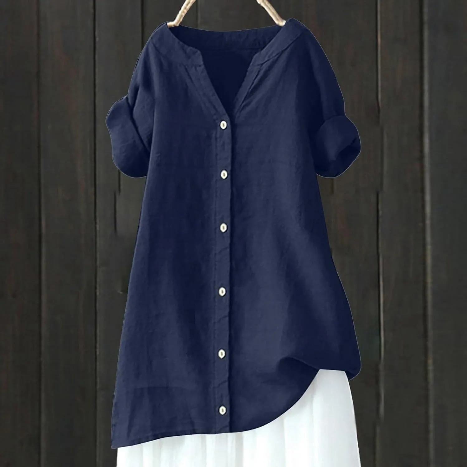 Women Buttons Shirt Cotton Linen Cuffed Sleeve V-Neck Oversized Shirts Casual Loose Solid Blouse Tunic Tops