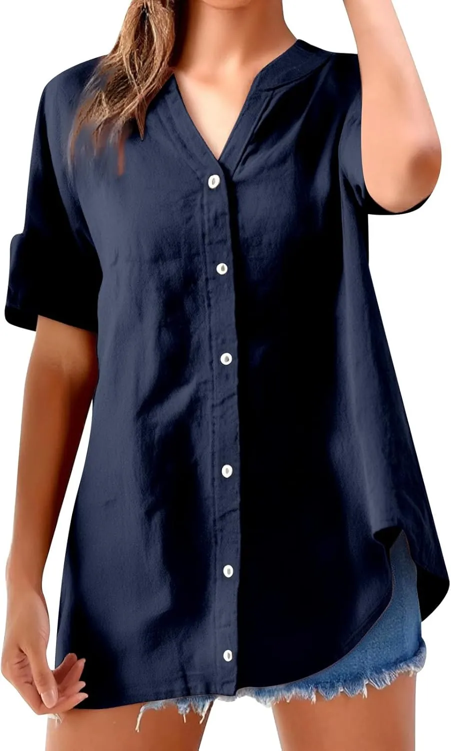 Women Buttons Shirt Cotton Linen Cuffed Sleeve V-Neck Oversized Shirts Casual Loose Solid Blouse Tunic Tops