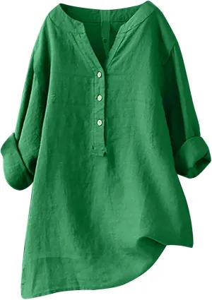 Women Buttons Shirt Cotton Linen Cuffed Sleeve V-Neck Oversized Shirts Casual Loose Solid Blouse Tunic Tops
