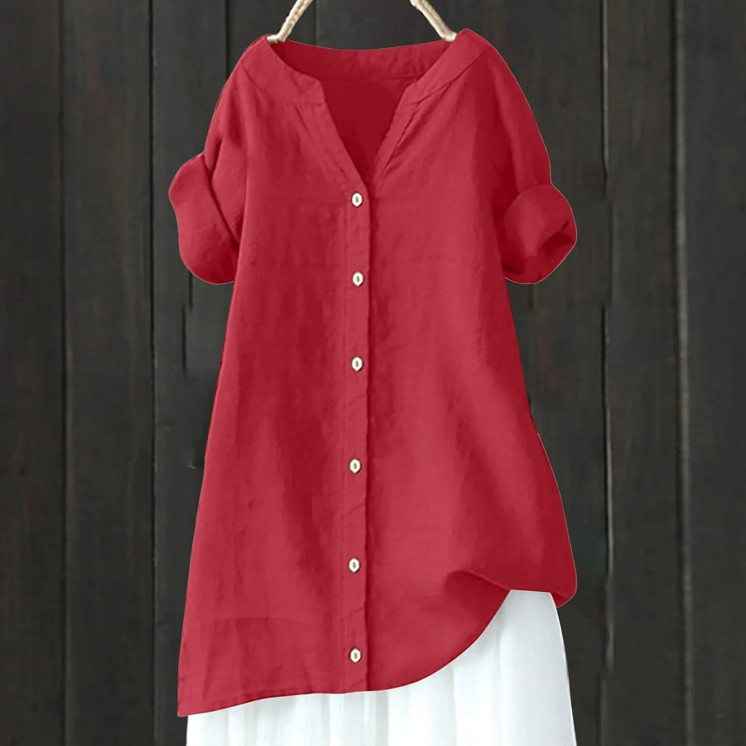 Women Buttons Shirt Cotton Linen Cuffed Sleeve V-Neck Oversized Shirts Casual Loose Solid Blouse Tunic Tops