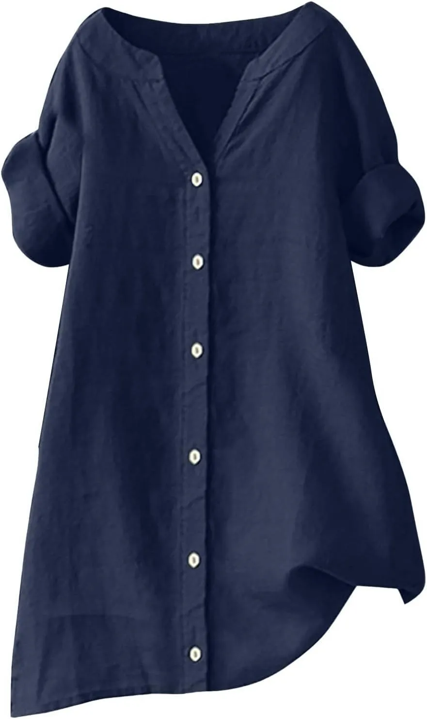 Women Buttons Shirt Cotton Linen Cuffed Sleeve V-Neck Oversized Shirts Casual Loose Solid Blouse Tunic Tops