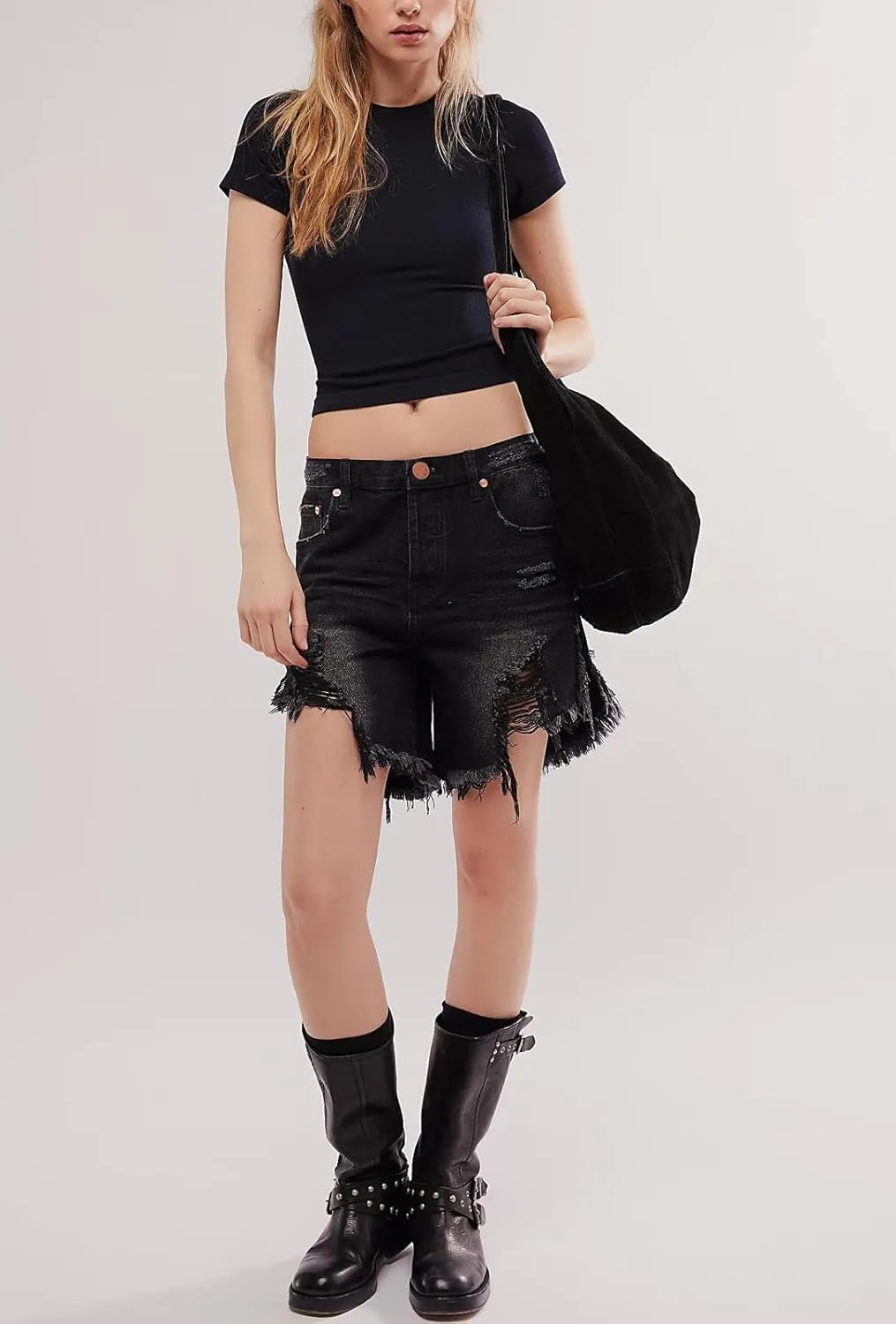 Women Cut Off Denim Shorts Low Waisted Frayed Raw Hem Ripped Distressed Baggy Jeans Shorts Casual Wide Leg Shorts