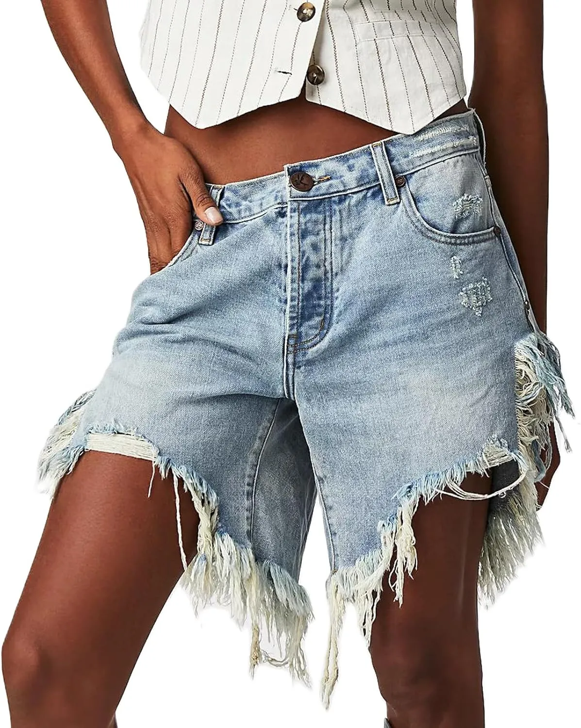 Women Cut Off Denim Shorts Low Waisted Frayed Raw Hem Ripped Distressed Baggy Jeans Shorts Casual Wide Leg Shorts