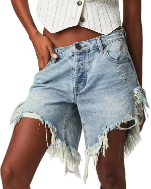 Women Cut Off Denim Shorts Low Waisted Frayed Raw Hem Ripped Distressed Baggy Jeans Shorts Casual Wide Leg Shorts
