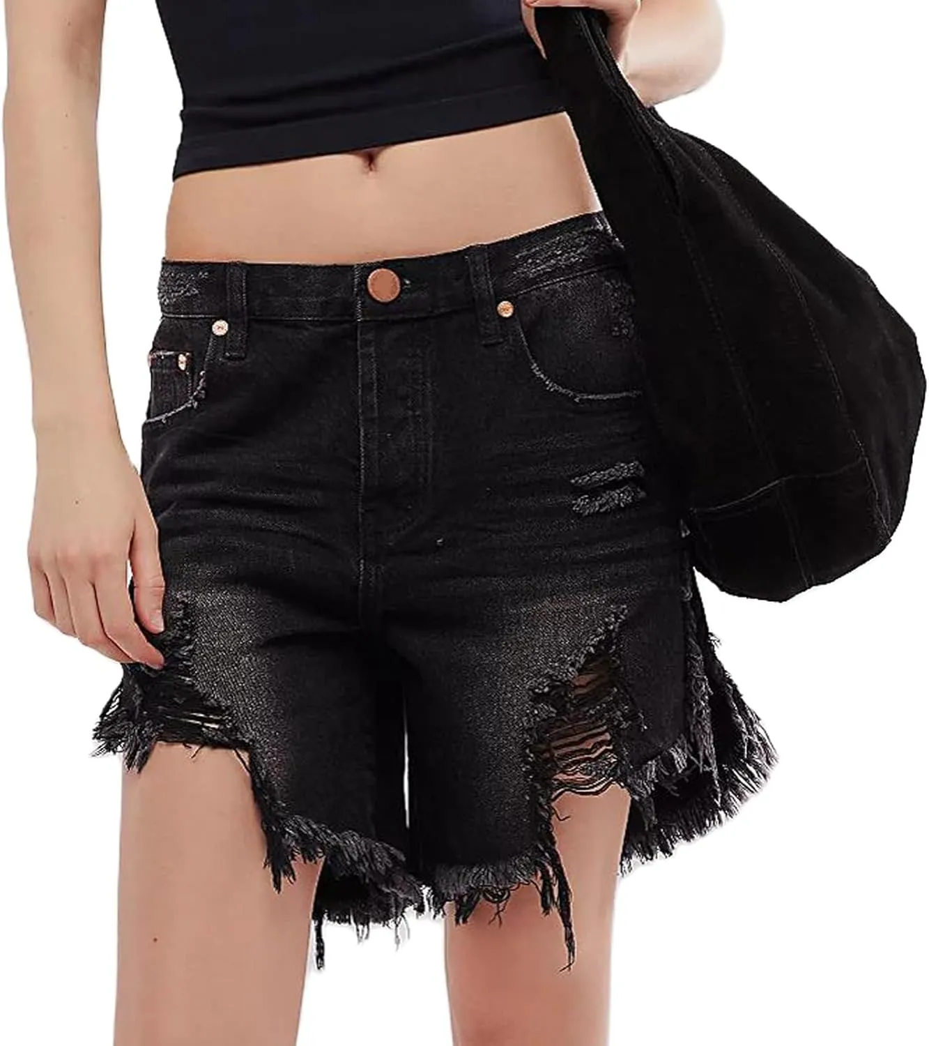 Women Cut Off Denim Shorts Low Waisted Frayed Raw Hem Ripped Distressed Baggy Jeans Shorts Casual Wide Leg Shorts