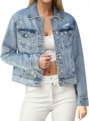 Women Denim Jackets 2024 Oversize Long Sleeve Basic Button Down Jean Jacket Pockets Fashion Trendy Petite Cropped Coats