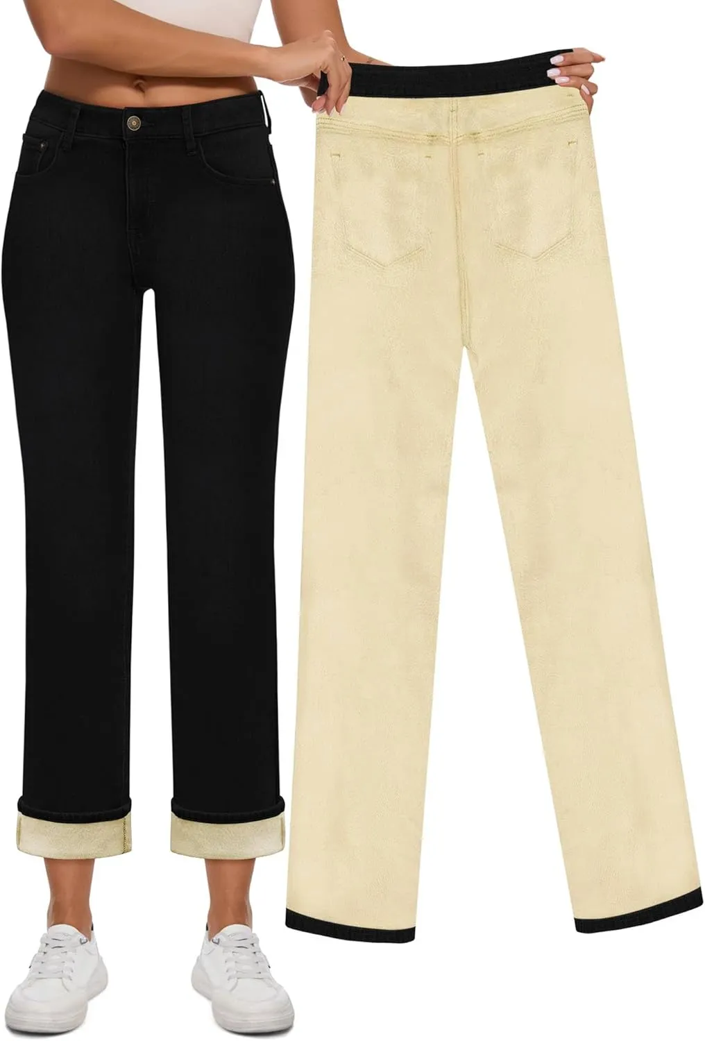 Women Fleece Lined Jeans Women's High Waisted Straight Leg Jeans Winter Fleece Lined Jean Pants