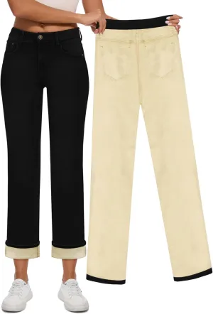 Women Fleece Lined Jeans Women's High Waisted Straight Leg Jeans Winter Fleece Lined Jean Pants
