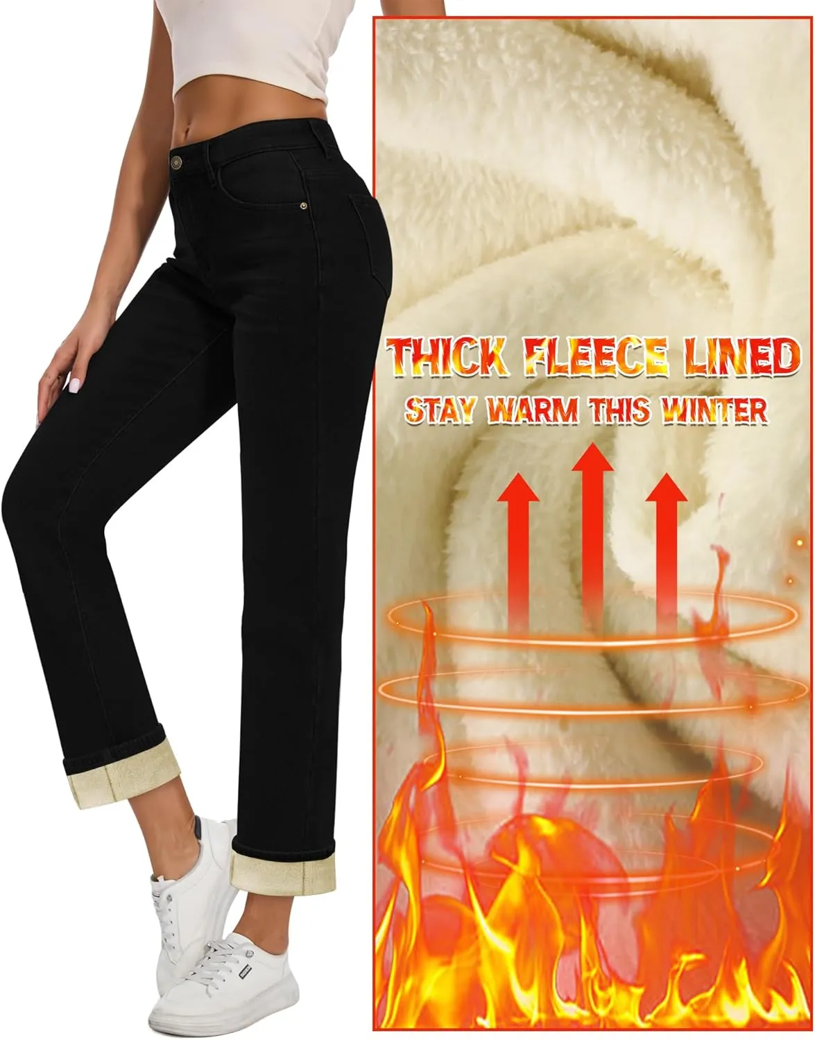 Women Fleece Lined Jeans Women's High Waisted Straight Leg Jeans Winter Fleece Lined Jean Pants