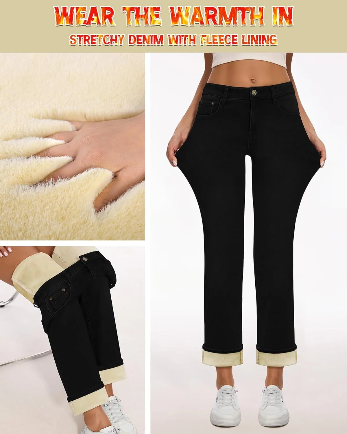 Women Fleece Lined Jeans Women's High Waisted Straight Leg Jeans Winter Fleece Lined Jean Pants