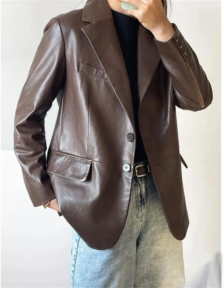 Women Leather Midi Single Breasted Blazer Loose Vintage Loose Solid Casual Coats Boyfriend Suit Jacket