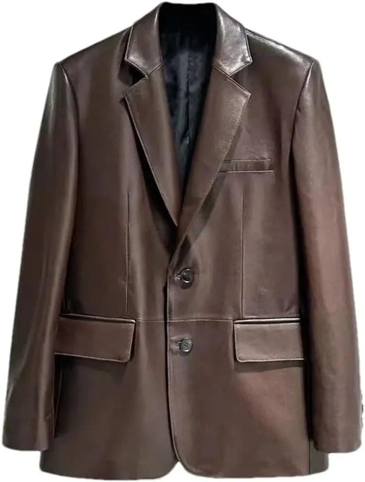 Women Leather Midi Single Breasted Blazer Loose Vintage Loose Solid Casual Coats Boyfriend Suit Jacket