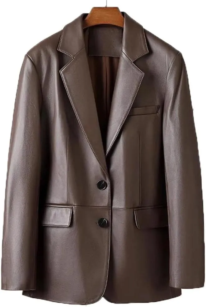 Women Leather Midi Single Breasted Blazer Loose Vintage Loose Solid Casual Coats Boyfriend Suit Jacket