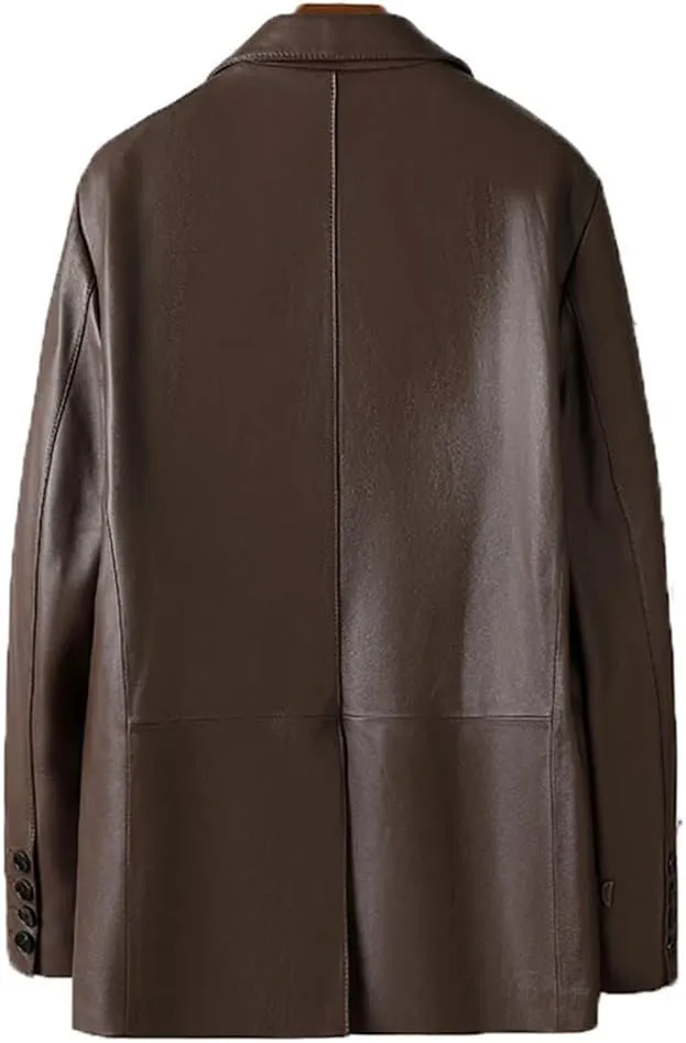 Women Leather Midi Single Breasted Blazer Loose Vintage Loose Solid Casual Coats Boyfriend Suit Jacket