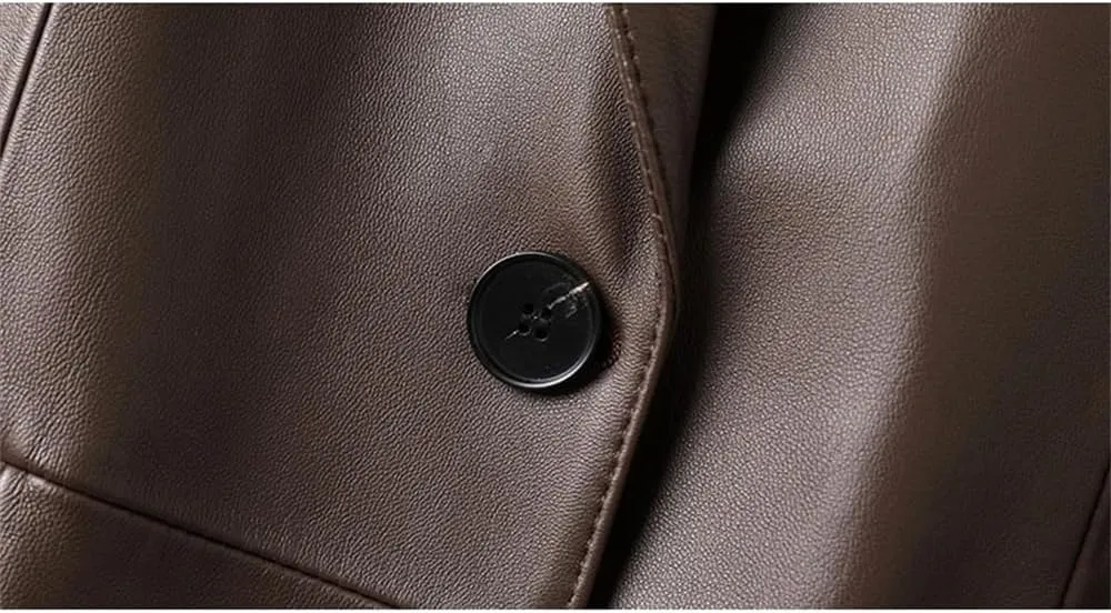 Women Leather Midi Single Breasted Blazer Loose Vintage Loose Solid Casual Coats Boyfriend Suit Jacket