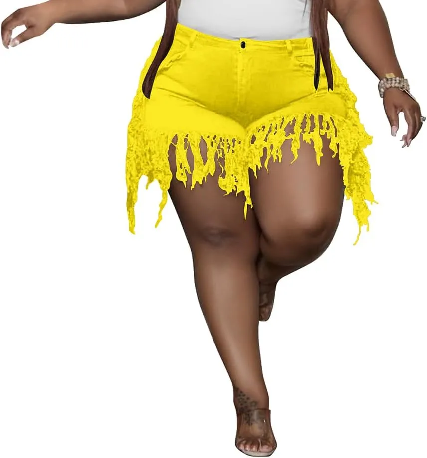 Women Plus Size High Waisted Tassels Jeans Shorts
