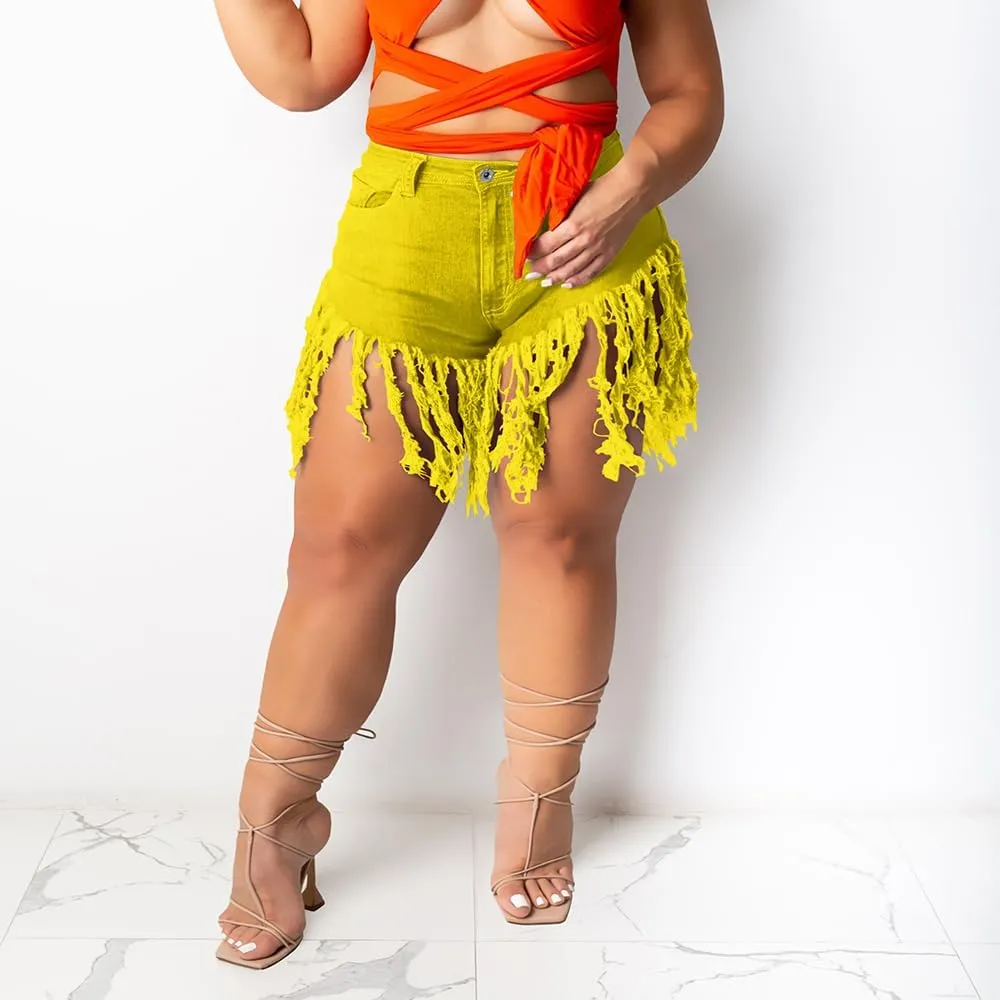 Women Plus Size High Waisted Tassels Jeans Shorts