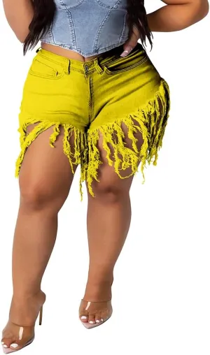 Women Plus Size High Waisted Tassels Jeans Shorts