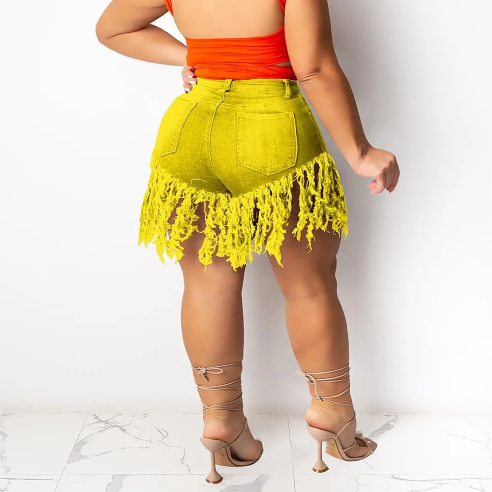 Women Plus Size High Waisted Tassels Jeans Shorts