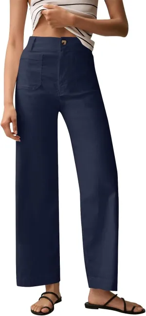 Women Stretch Twill Cropped Pants Wide Leg Jeans with Patch Pocket Straight Leg Chino Pants Casual Ankle Jeans