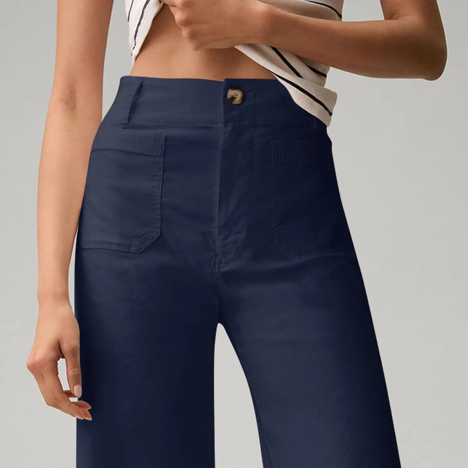 Women Stretch Twill Cropped Pants Wide Leg Jeans with Patch Pocket Straight Leg Chino Pants Casual Ankle Jeans
