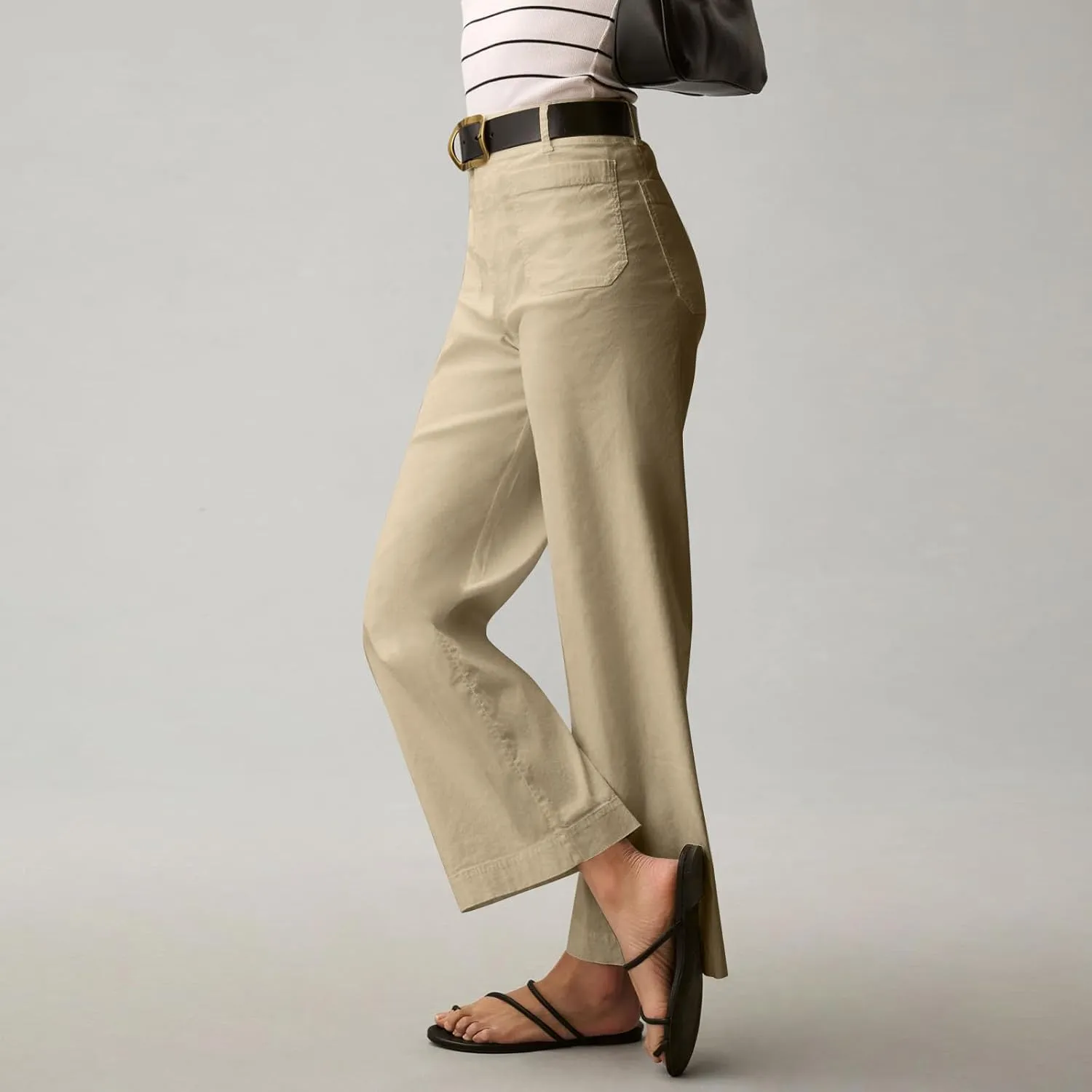 Women Stretch Twill Cropped Pants Wide Leg Jeans with Patch Pocket Straight Leg Chino Pants Casual Ankle Jeans