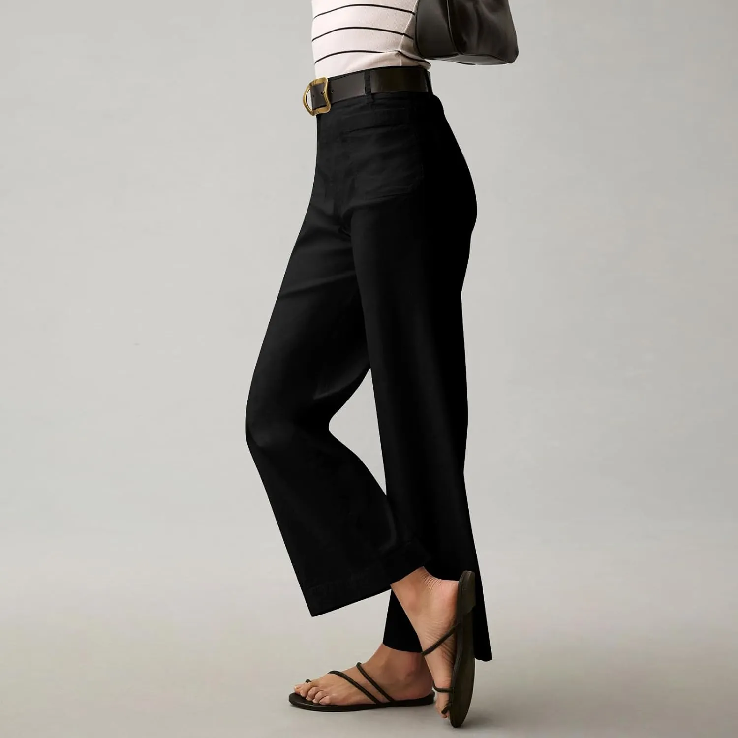 Women Stretch Twill Cropped Pants Wide Leg Jeans with Patch Pocket Straight Leg Chino Pants Casual Ankle Jeans