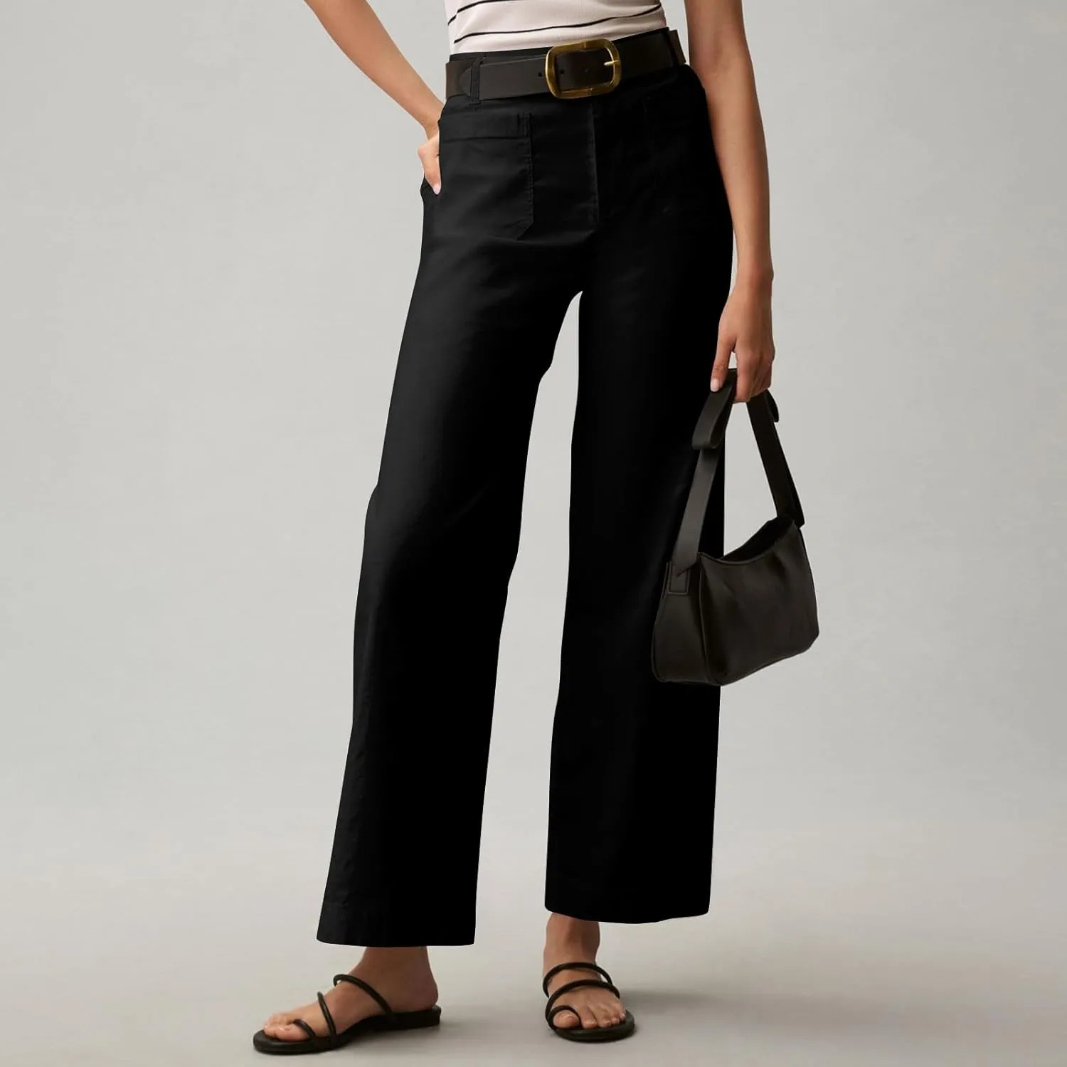 Women Stretch Twill Cropped Pants Wide Leg Jeans with Patch Pocket Straight Leg Chino Pants Casual Ankle Jeans