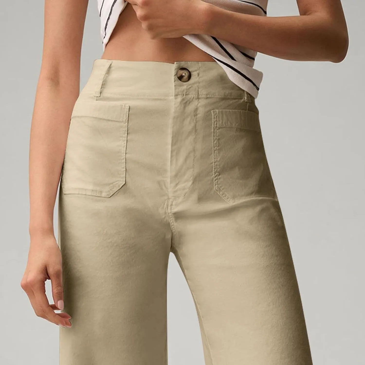Women Stretch Twill Cropped Pants Wide Leg Jeans with Patch Pocket Straight Leg Chino Pants Casual Ankle Jeans