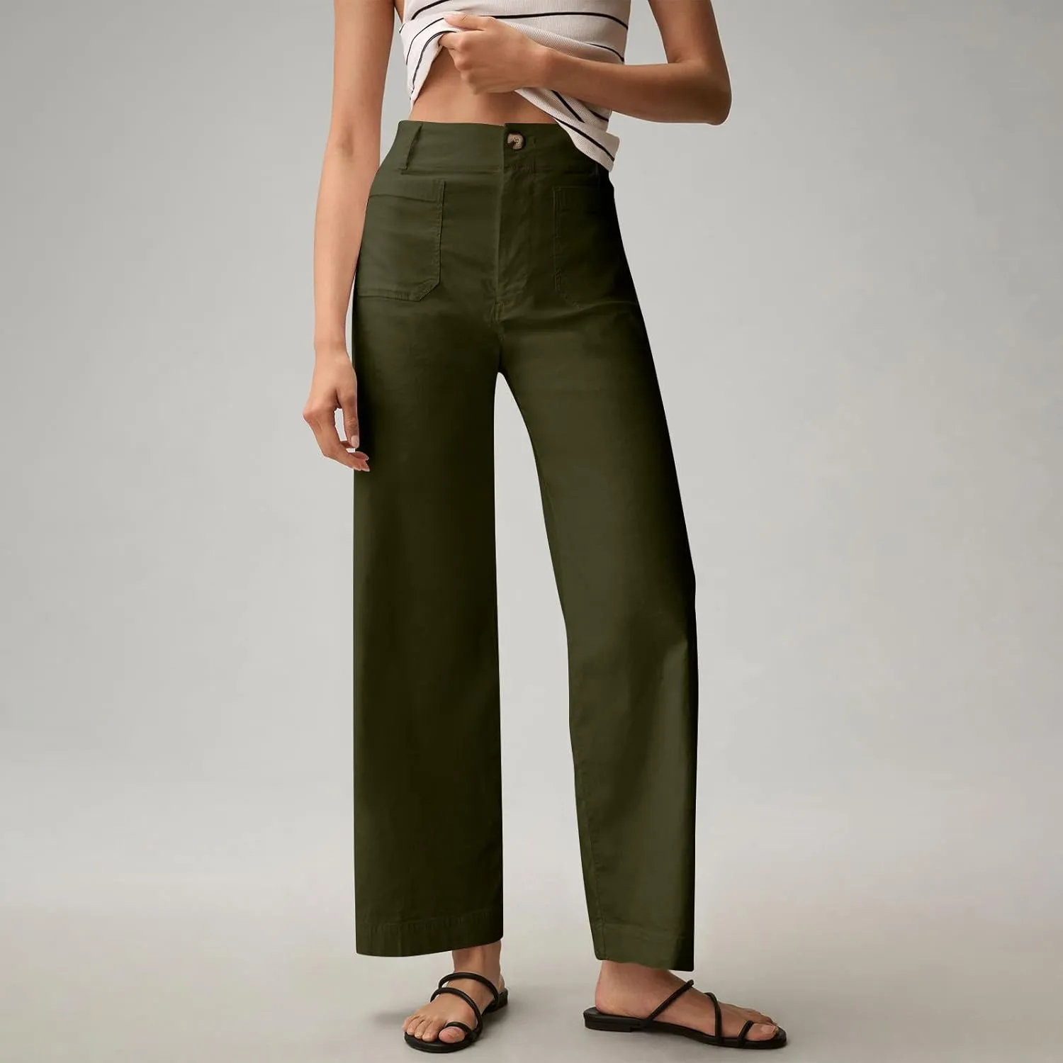 Women Stretch Twill Cropped Pants Wide Leg Jeans with Patch Pocket Straight Leg Chino Pants Casual Ankle Jeans