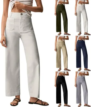 Women Stretch Twill Cropped Pants Wide Leg Jeans with Patch Pocket Straight Leg Chino Pants Casual Ankle Jeans
