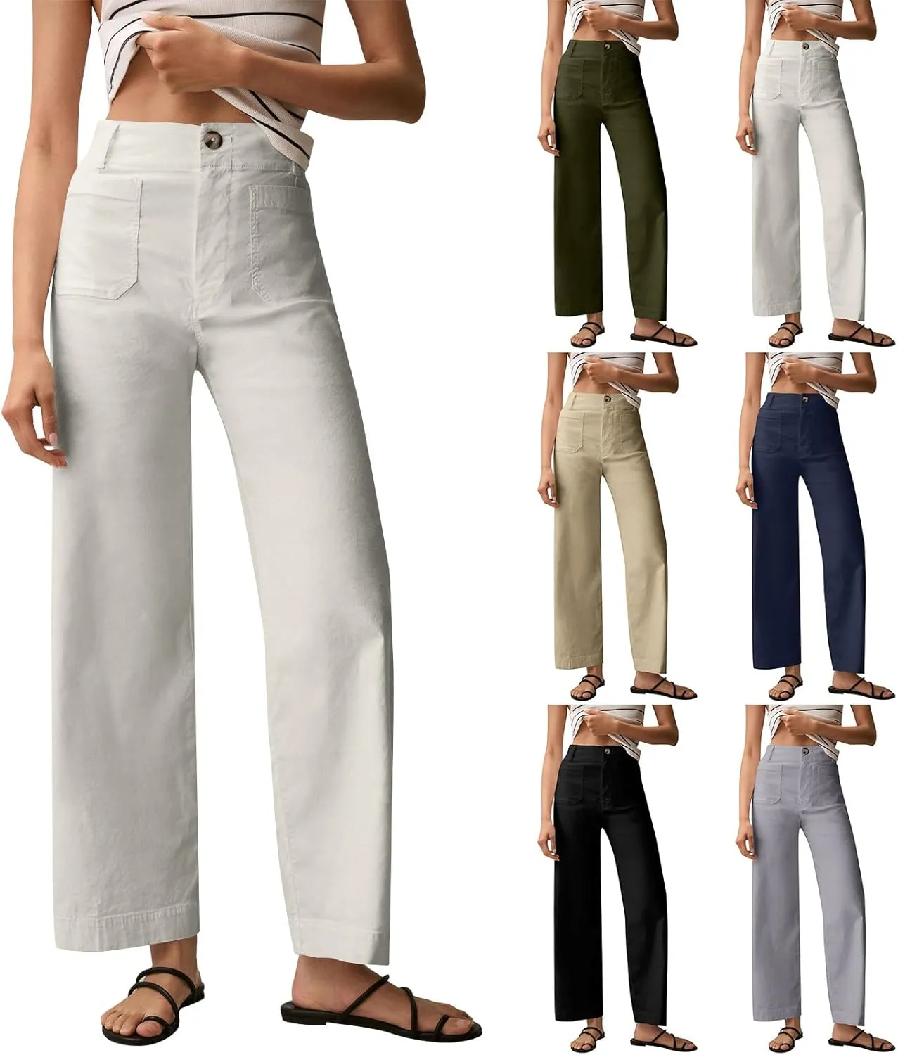 Women Stretch Twill Cropped Pants Wide Leg Jeans with Patch Pocket Straight Leg Chino Pants Casual Ankle Jeans