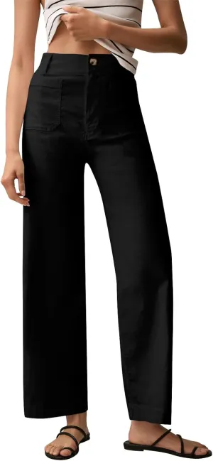 Women Stretch Twill Cropped Pants Wide Leg Jeans with Patch Pocket Straight Leg Chino Pants Casual Ankle Jeans