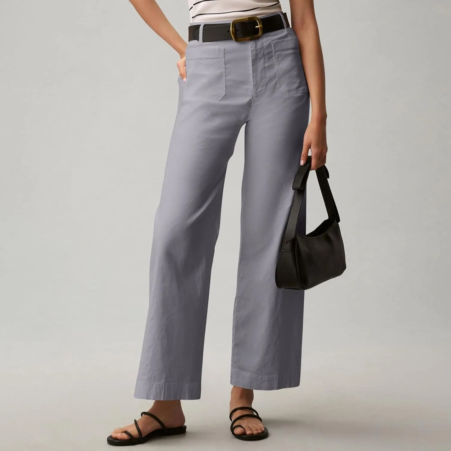 Women Stretch Twill Cropped Pants Wide Leg Jeans with Patch Pocket Straight Leg Chino Pants Casual Ankle Jeans