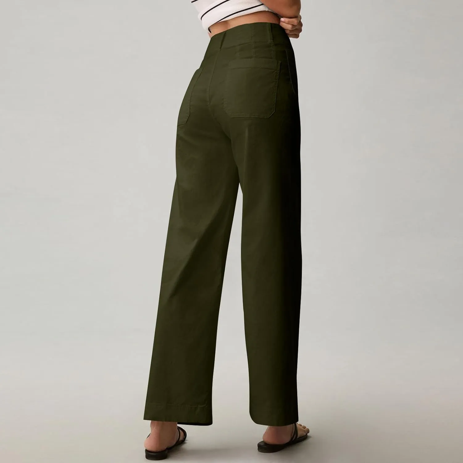 Women Stretch Twill Cropped Pants Wide Leg Jeans with Patch Pocket Straight Leg Chino Pants Casual Ankle Jeans