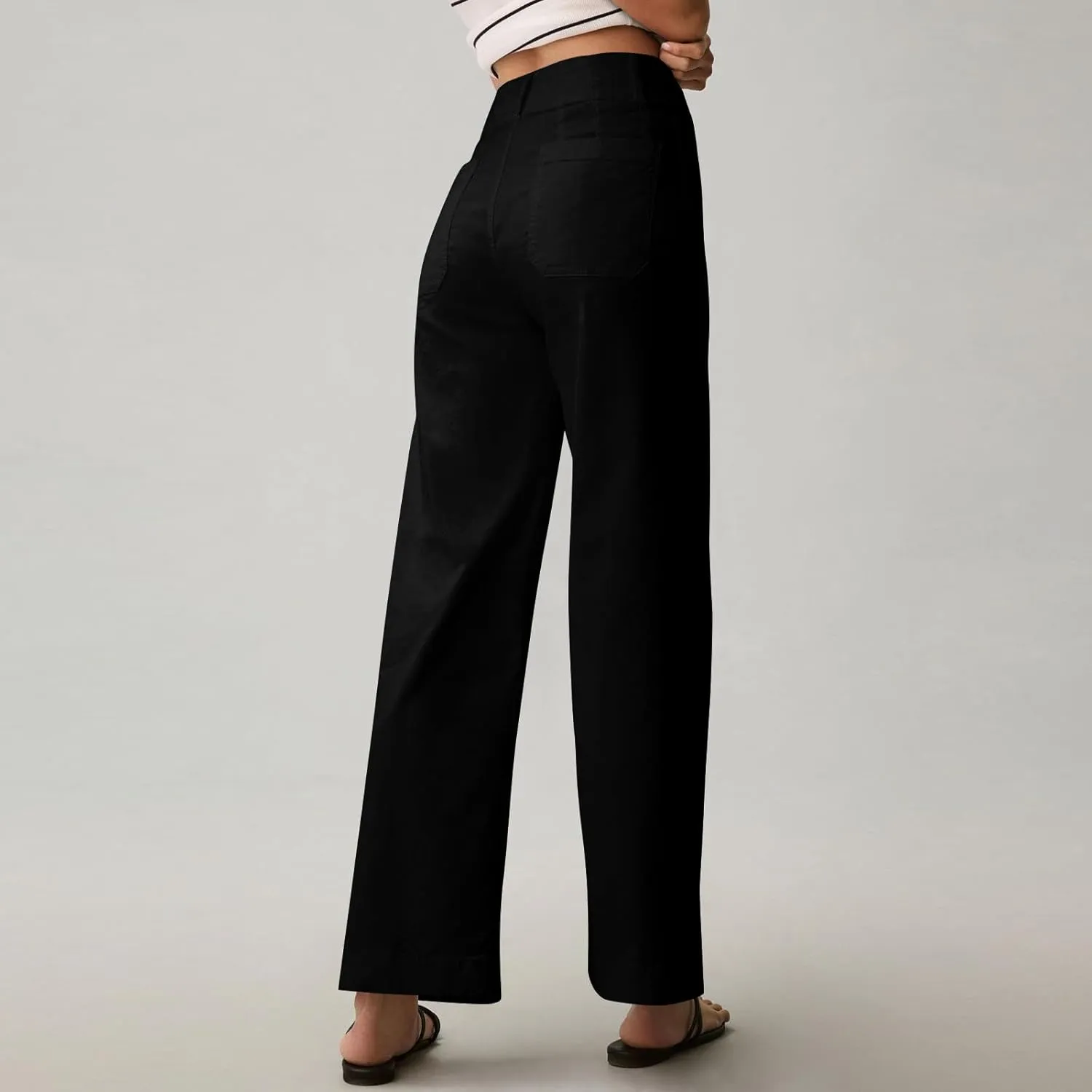 Women Stretch Twill Cropped Pants Wide Leg Jeans with Patch Pocket Straight Leg Chino Pants Casual Ankle Jeans