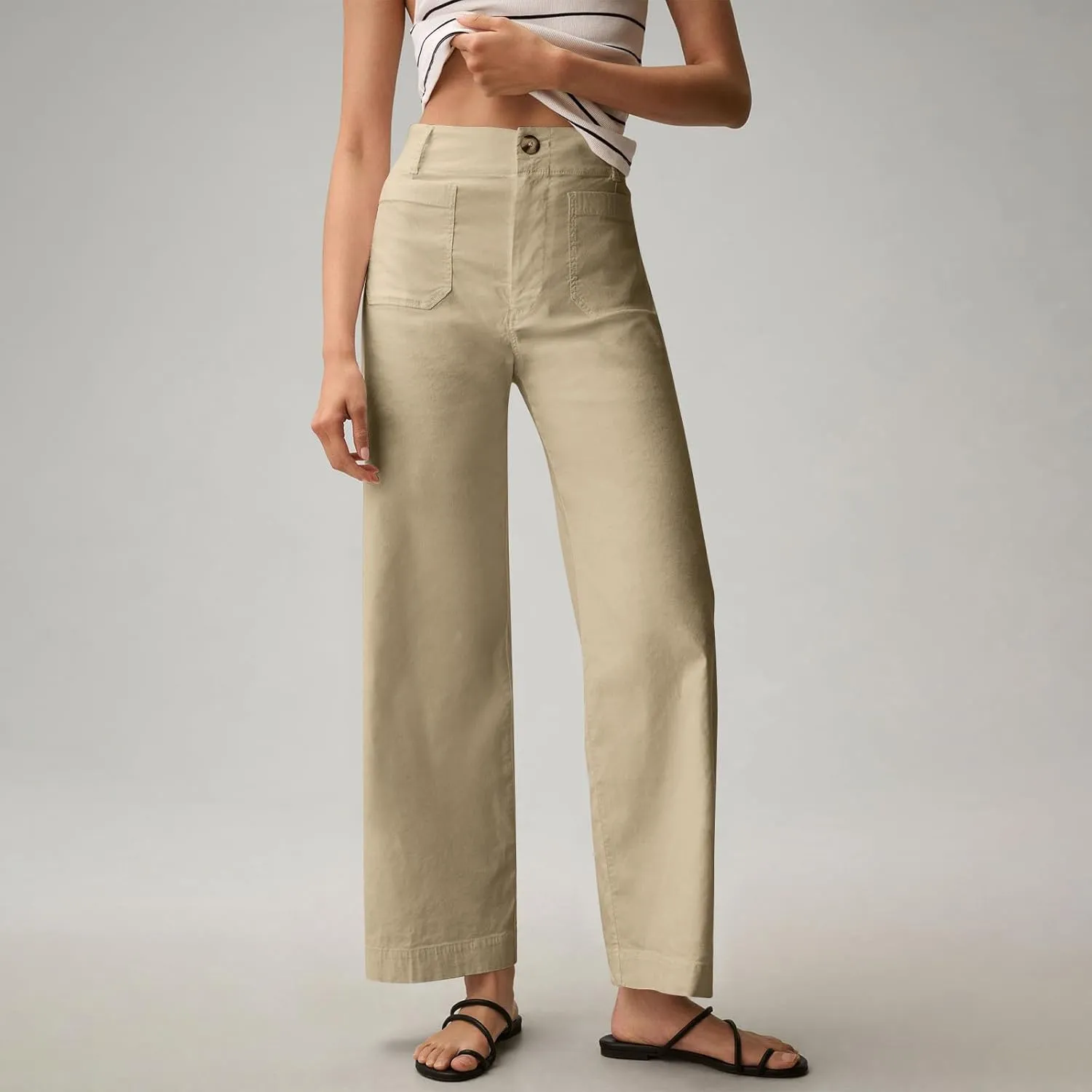 Women Stretch Twill Cropped Pants Wide Leg Jeans with Patch Pocket Straight Leg Chino Pants Casual Ankle Jeans