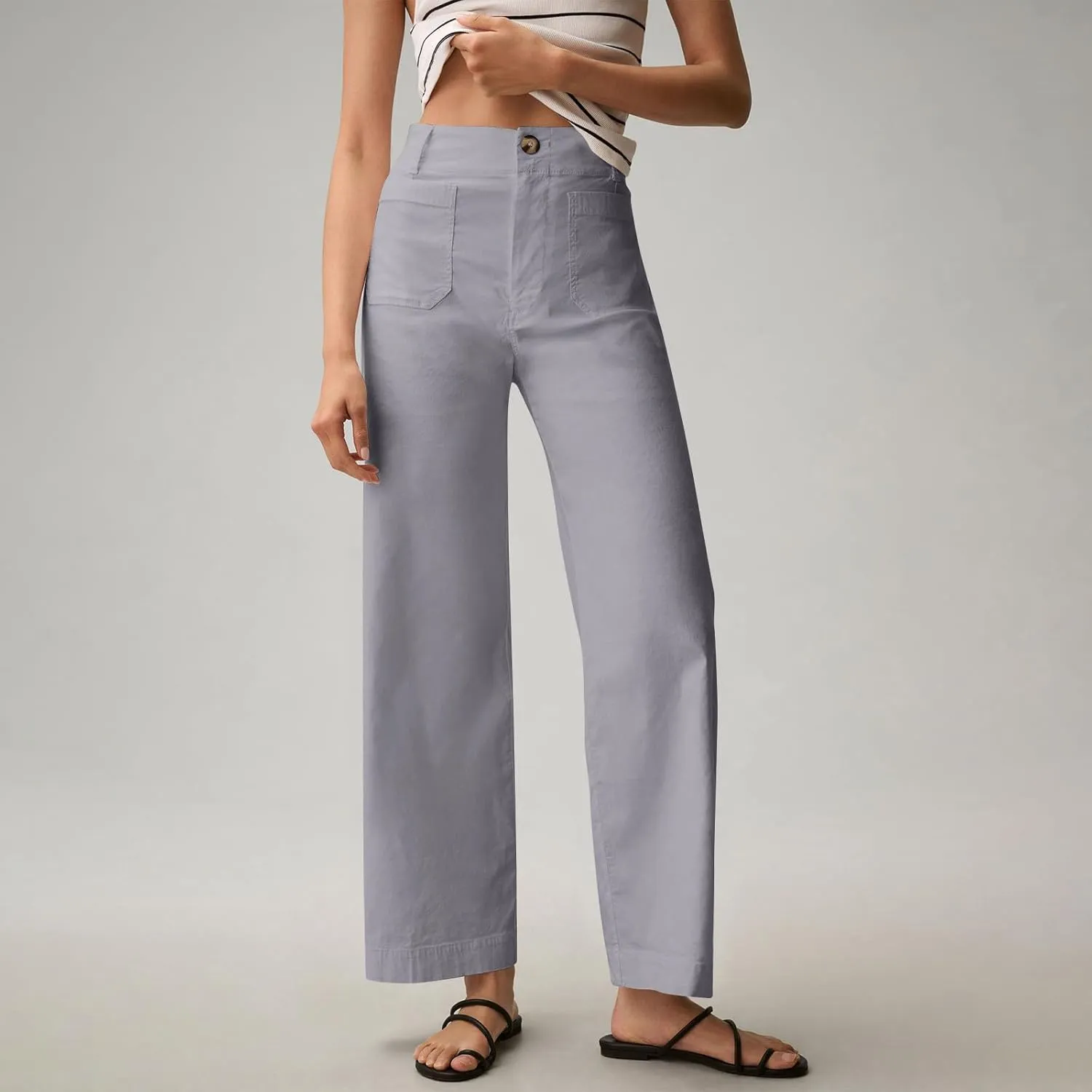 Women Stretch Twill Cropped Pants Wide Leg Jeans with Patch Pocket Straight Leg Chino Pants Casual Ankle Jeans