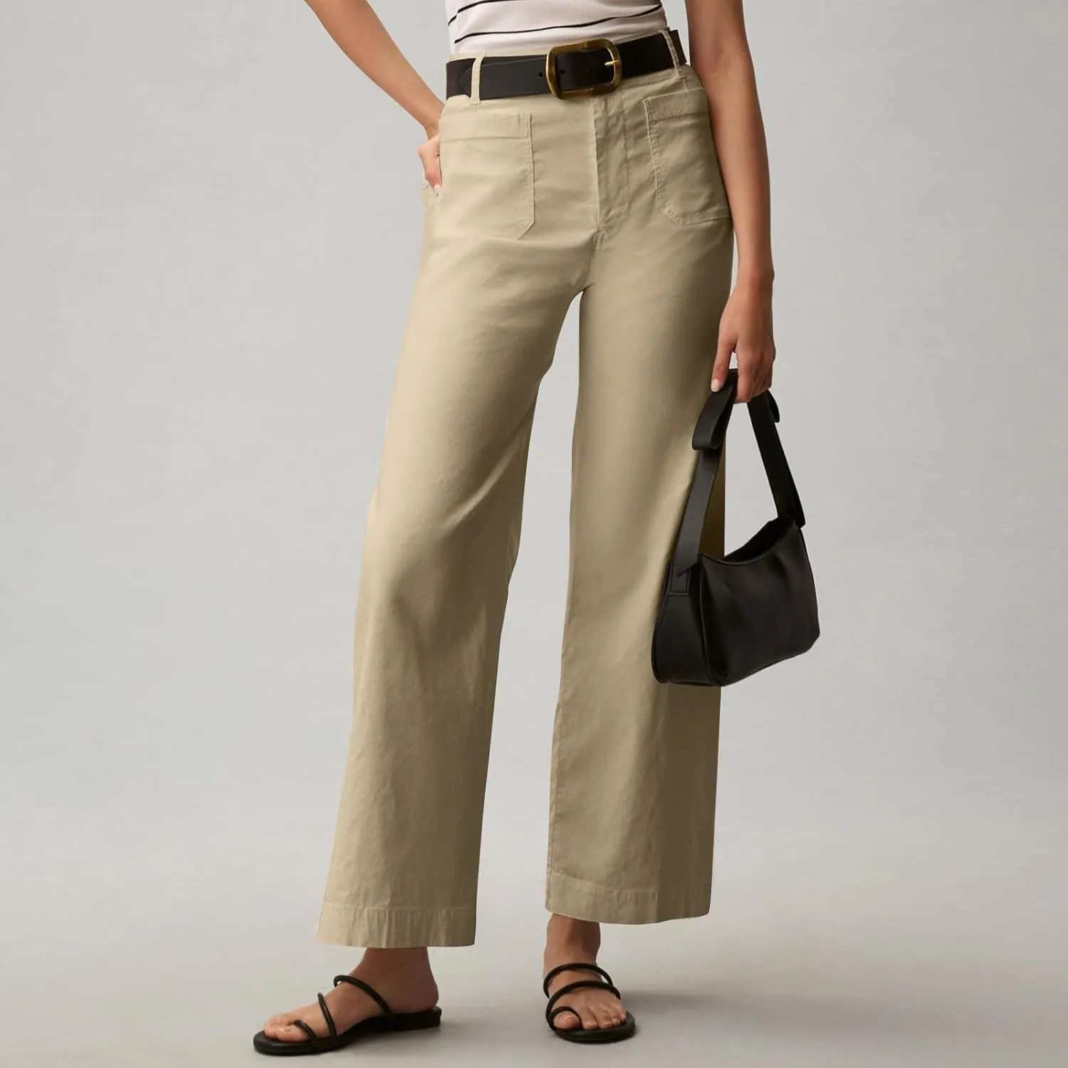 Women Stretch Twill Cropped Pants Wide Leg Jeans with Patch Pocket Straight Leg Chino Pants Casual Ankle Jeans