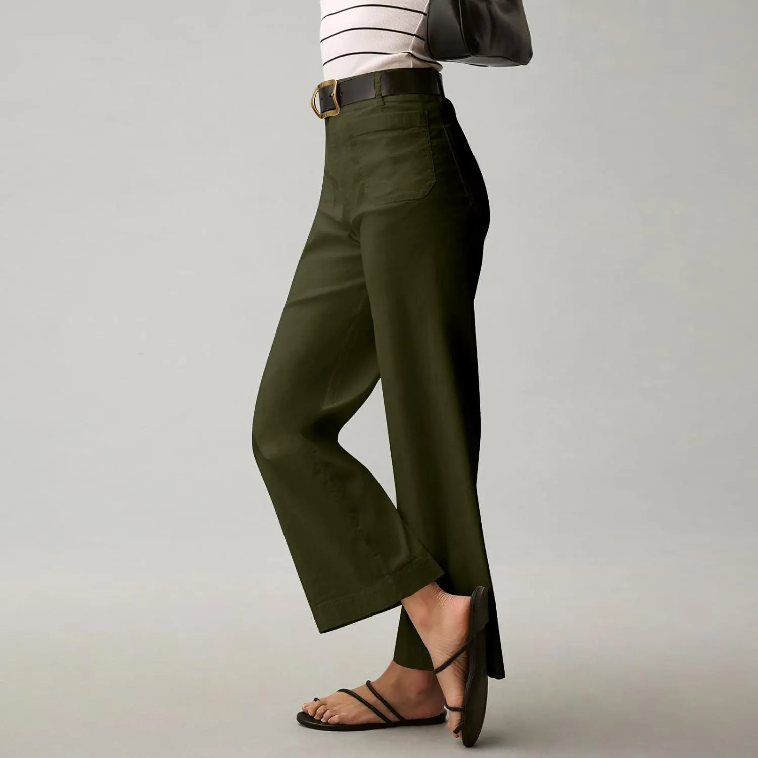 Women Stretch Twill Cropped Pants Wide Leg Jeans with Patch Pocket Straight Leg Chino Pants Casual Ankle Jeans