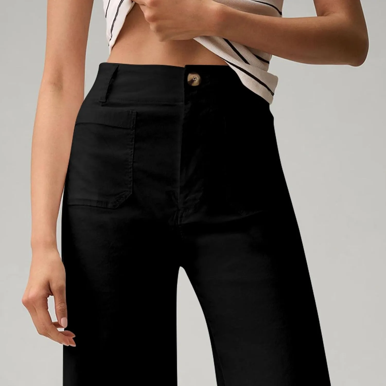 Women Stretch Twill Cropped Pants Wide Leg Jeans with Patch Pocket Straight Leg Chino Pants Casual Ankle Jeans