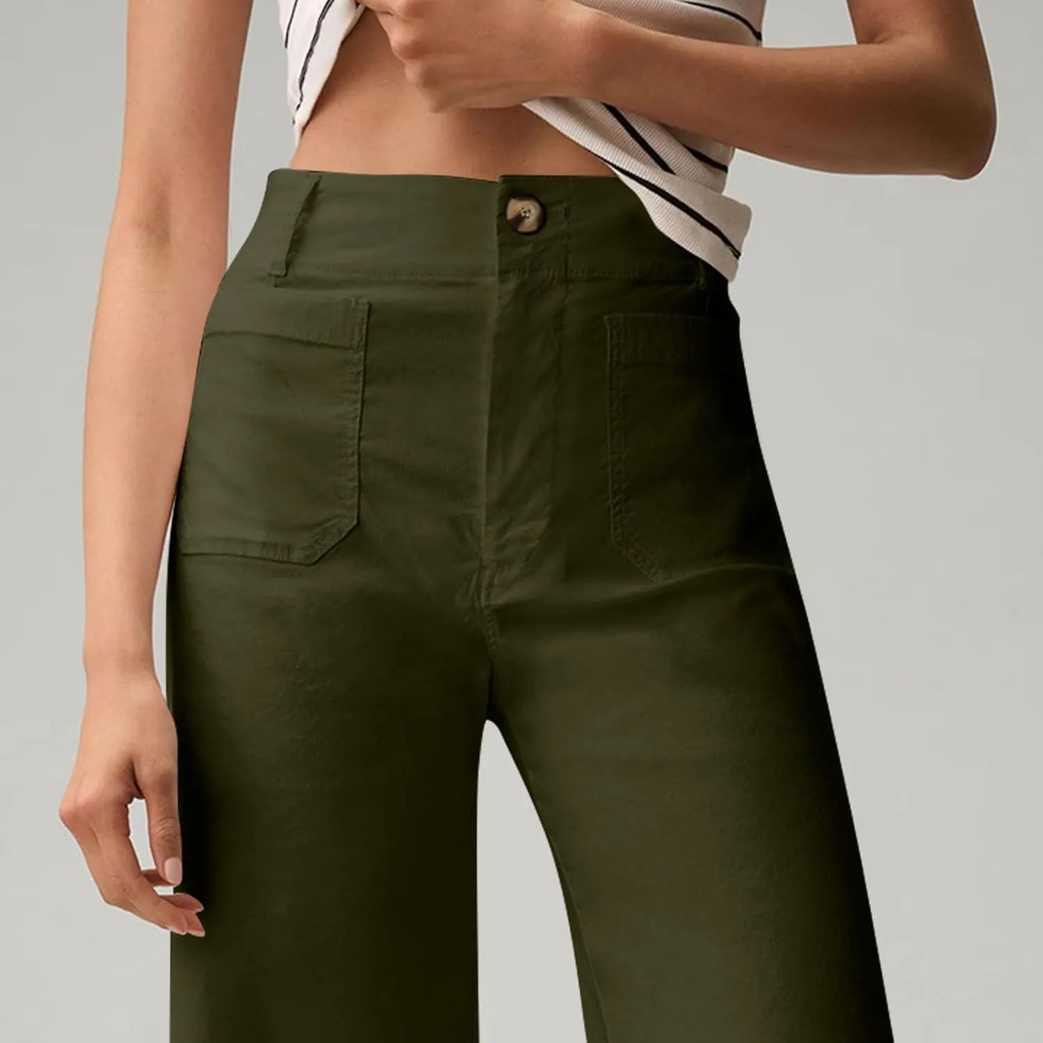 Women Stretch Twill Cropped Pants Wide Leg Jeans with Patch Pocket Straight Leg Chino Pants Casual Ankle Jeans