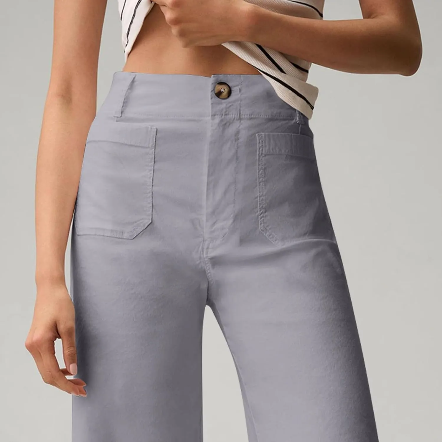 Women Stretch Twill Cropped Pants Wide Leg Jeans with Patch Pocket Straight Leg Chino Pants Casual Ankle Jeans