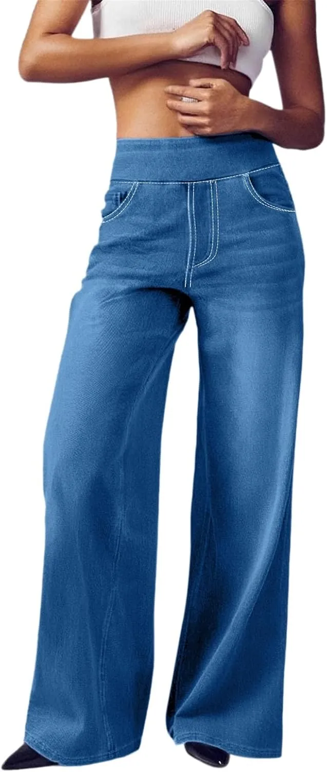 Women Sweatpant Jeans 2025 Sweatpants That Look Like Jeans High Waisted Stretchy Wide Leg Denim Pants with Pockets