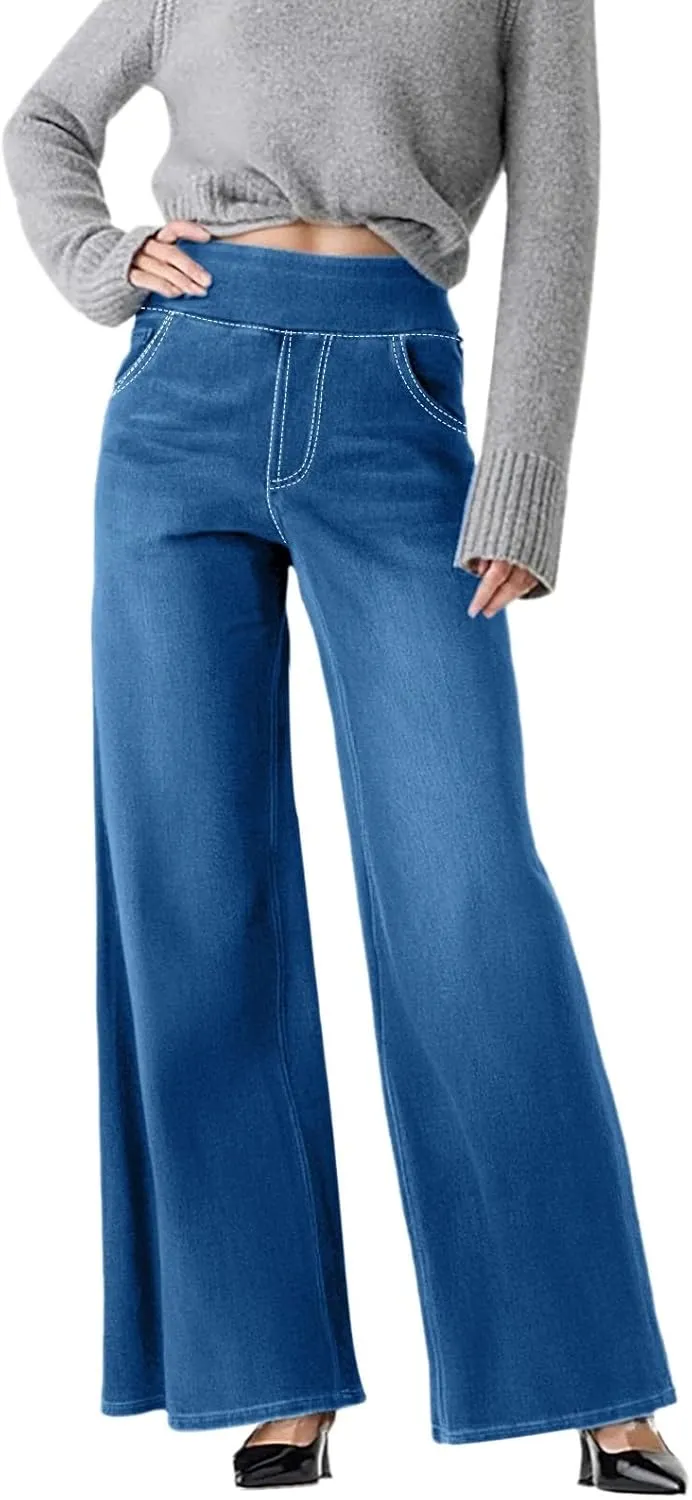 Women Sweatpant Jeans 2025 Sweatpants That Look Like Jeans High Waisted Stretchy Wide Leg Denim Pants with Pockets