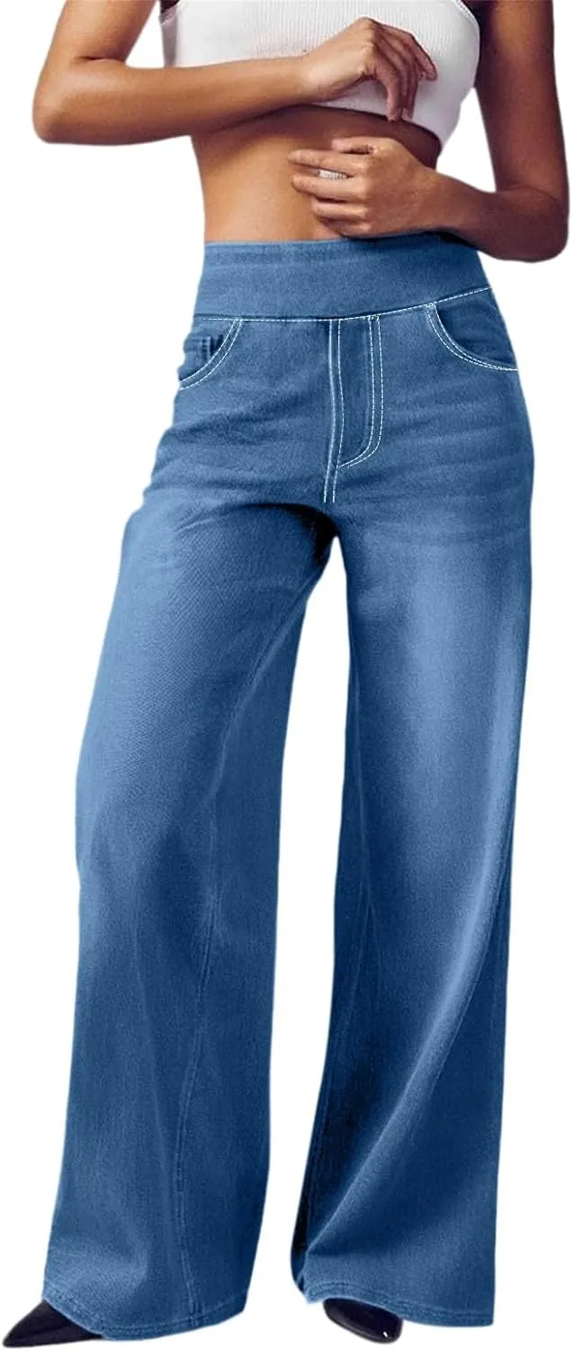Women Sweatpant Jeans,Sweatpants That Look Like Jeans,High Waisted Stretchy Pull On Wide Leg Denim Pants with Pockets