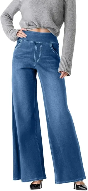Women Sweatpant Jeans,Sweatpants That Look Like Jeans,High Waisted Stretchy Pull On Wide Leg Denim Pants with Pockets