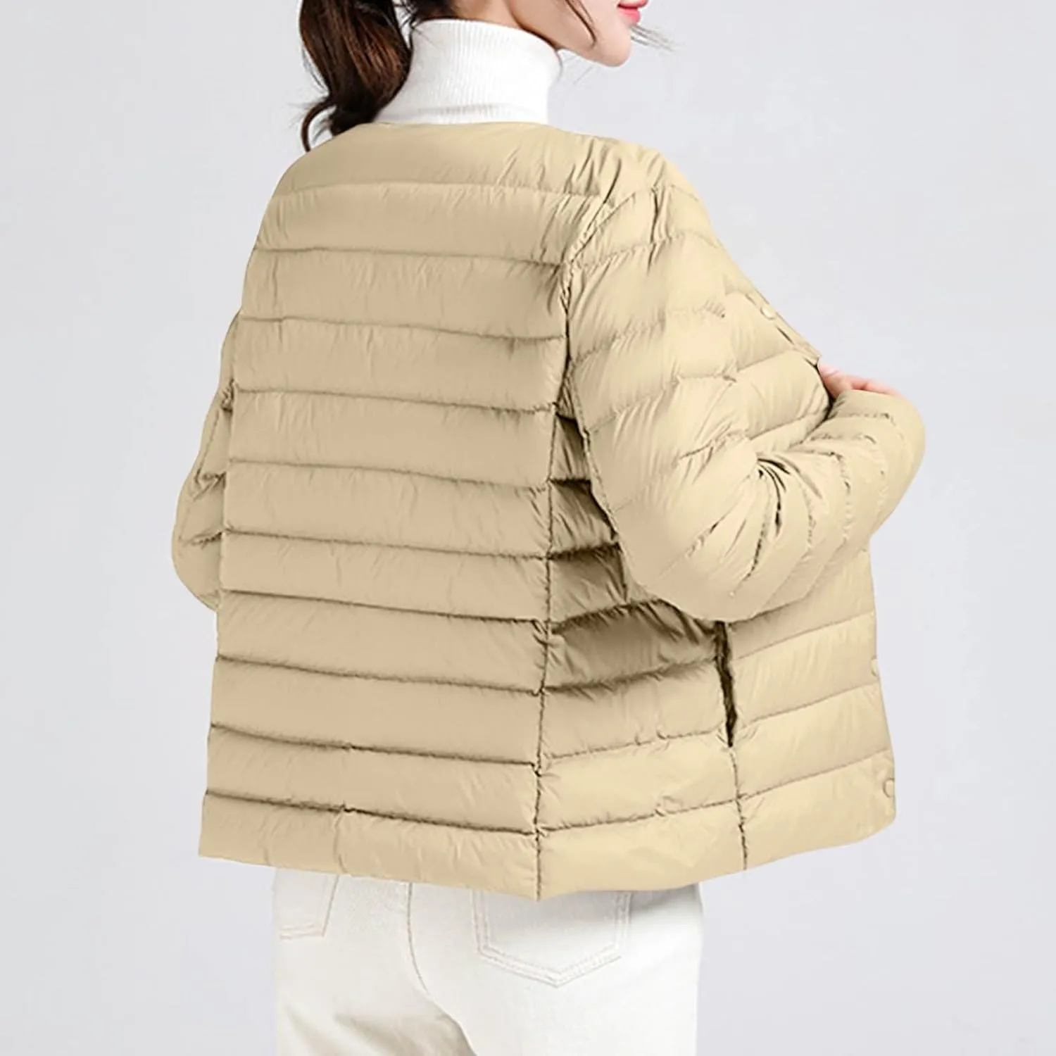 Women Ultra Lightweight Down Jacket Packable Collarless Button Down Quilted Short Puffer Parka Coats Outerwear Pocket