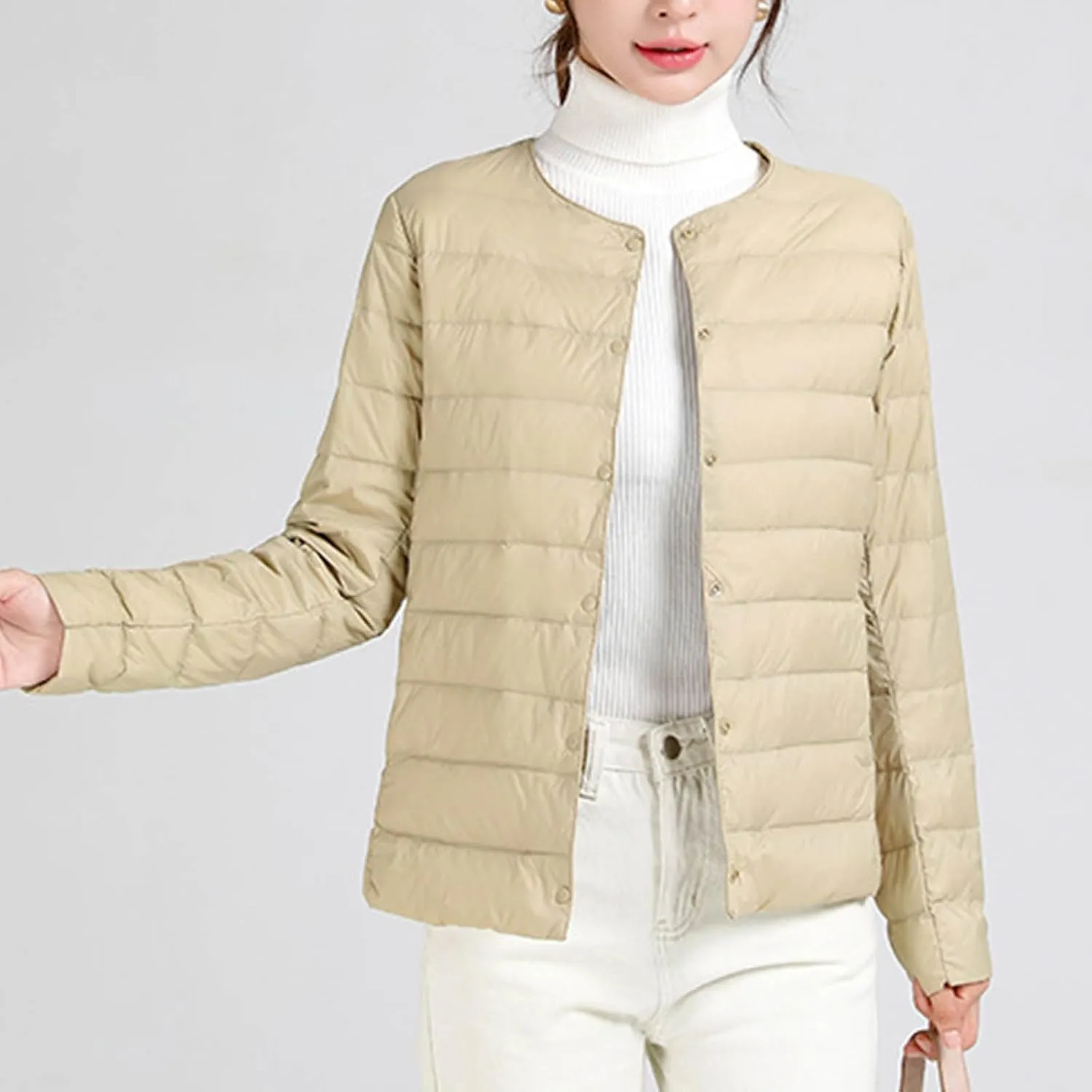 Women Ultra Lightweight Down Jacket Packable Collarless Button Down Quilted Short Puffer Parka Coats Outerwear Pocket