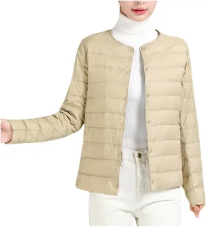 Women Ultra Lightweight Down Jacket Packable Collarless Button Down Quilted Short Puffer Parka Coats Outerwear Pocket